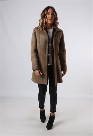 SHEEPSKIN SUEDE LEATHER SHEARLING SHORT COAT UK 12 (A9BI)