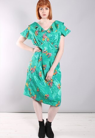 VINTAGE 80S SATIN TEXTURED FLORAL RUFFLE MIDI DRESS
