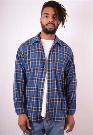 MENS VINTAGE FLANNEL SHIRT MEDIUM BLUE CHECK 90S
