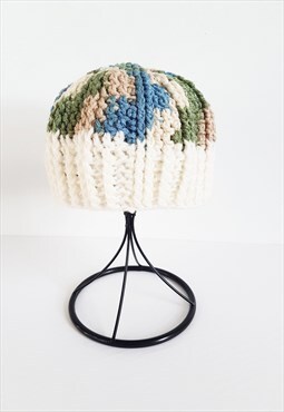Vintage White and Blue Handknit Wool Winter Hat