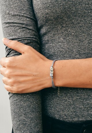 SILVER BEADS BRACELET WITH THE LETTER VEG GREY CORD FOR HER