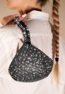 Nicki diamante mini chainmail pouch bag in black