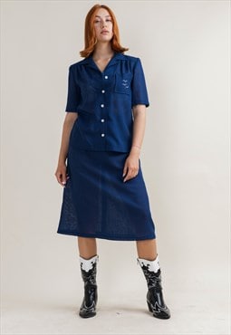 Vintage 60s Dark Blue Two Piece Secretary Top&Skirt Set M