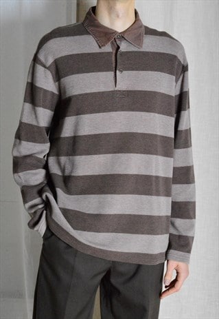 Y2K Brown Striped Long Sleeve Mens Polo Shirt