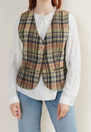 VINTAGE 90S FITTED CHECKERED WOOL BUTTON UP VEST M