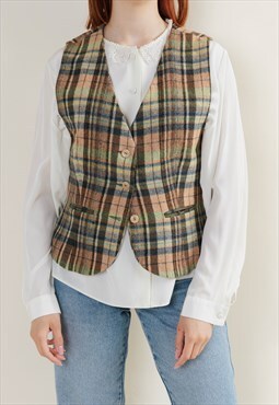 Vintage 90s Fitted Checkered Wool Button Up Vest M