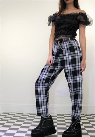 HIGH WAIST TARTAN CHECK TROUSERS IN BLACK
