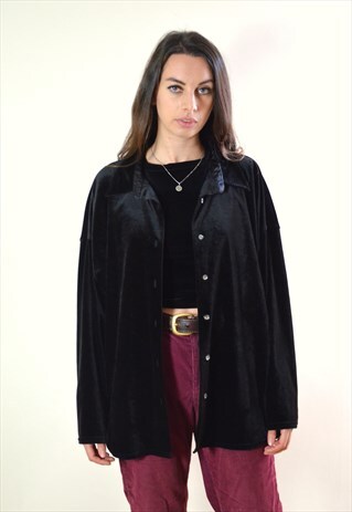 90'S VINTAGE BLACK LONG SLEEVE VELVET SHIRT