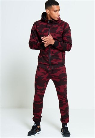 MENS WINE CAMOUFLAGE PRINT HOODED TRACKSUIT