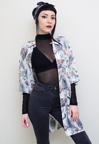 VINTAGE 90'S SILK ABSTRACT PATTERNED OVERSIZED SHIRT