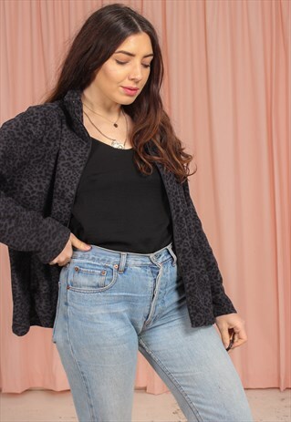 VINTAGE 90S ZIP FLEECE IN BLACK LEOPARD PRINT