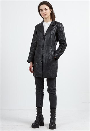 VINTAGE BLACK LEATHER CAR COAT