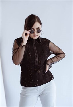 Vintage Y2k Fitted Long Sleeve Sheer Mesh Blouse in Black M