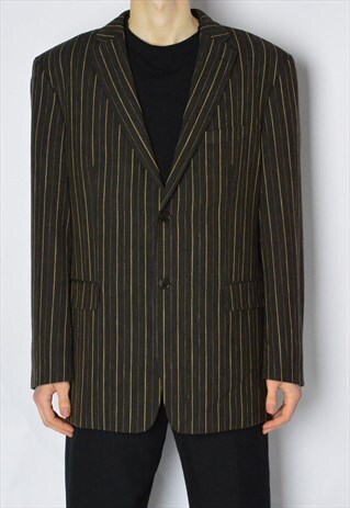 VINTAGE 90S BROWN BEIGE STRIPED WOOL LINEN BLEND BLAZER