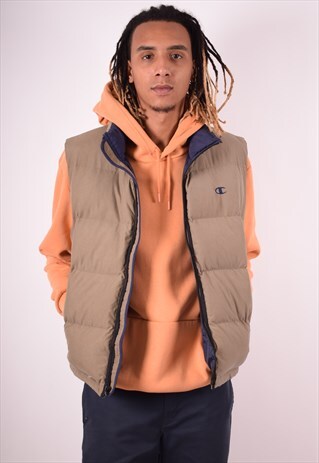 CHAMPION MENS VINTAGE PADDED GILET LARGE KHAKI 90S
