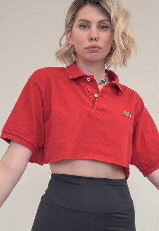 VINTAGE REWORKED LACOSTE CROP TOP POLO SHIRT IN RED