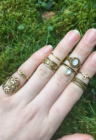 WOMENS BOHO FLORAL GEM ELEPHANT GOLD COLOUR SET OF RINGS
