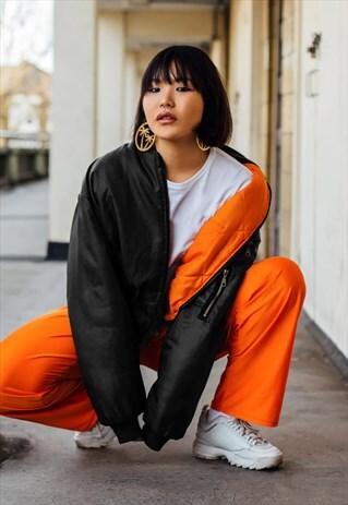WOMEN'S ESSENTIAL HEAVY BOMBER JACKET - BLACK/ORANGE
