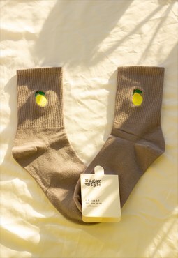 Ribbed Grey Lemon Fruit Embroidered Socks