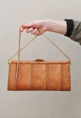 VINTAGE 80S BROWN FAUX SNAKESKIN CLUTCH/SHOULDER BAG
