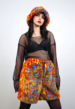 Leopard shorts orange faux fur animal print trousers fleece