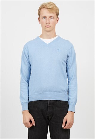 VINTAGE LIGHT BLUE GANT RUGGER V-NECK KNIT JUMPER SWEATER