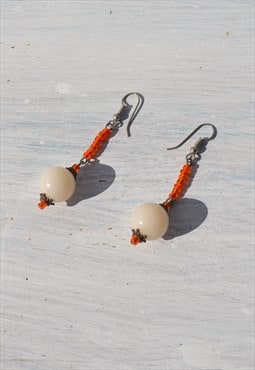 Unique handmade glass/acrylic beaded orange/white earrings