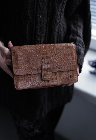 VINTAGE 70'S BROWN LEATHER SNAKE SKIN LIKE BAG