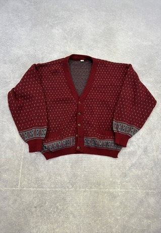 VINTAGE ABSTRACT KNITTED CARDIGAN PATTERNED GRANDAD SWEATER