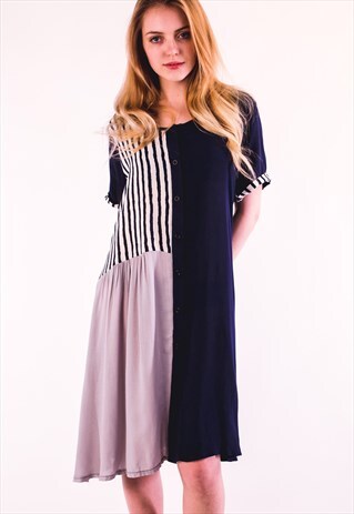 SHORT SLEEVE MIDI SHIFT DRESS IN BLUE STRIPE PATCHWORK PRIN