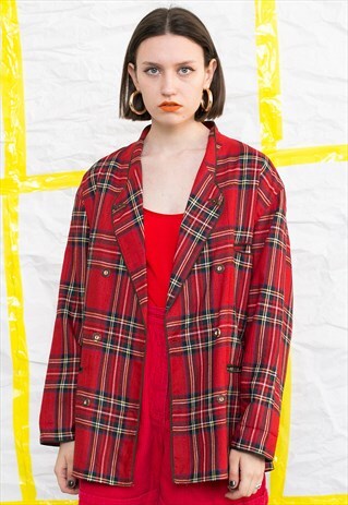 VINTAGE 80S RED TARTAN PLAID BLAZER