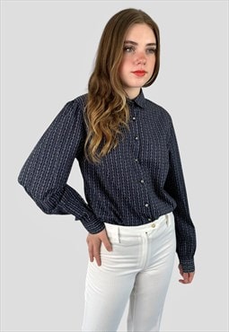 80's Vintage Blue Floral Long Sleeve Cotton Ladies Blouse