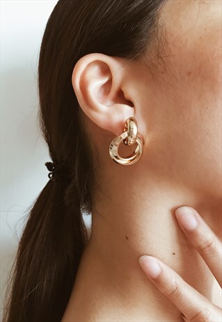 VINTAGE GOLD EARRINGS STUD MINIMALIST DANGLING TRIO TRINITY