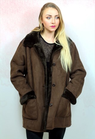 1980S VINTAGE CHOCOLATE BROWN SUEDE AND FAUX FUR LINING COAT