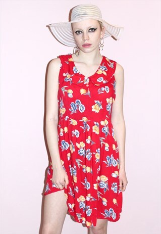 VINTAGE 90S RED FLORAL SUMMER DRESS HIPSTER STYLE HOLIDAY