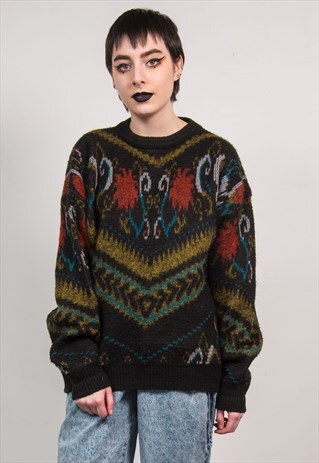 VINTAGE 90'S MULTICOLOUR KNIT PATTERN OVERSIZED JUMPER