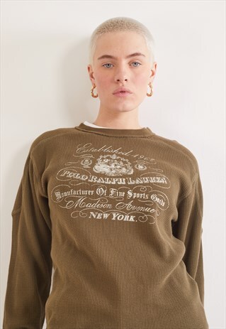 VINTAGE RALPH LAUREN LONG SLEEVE WAFFLE TOP KHAKI GREEN