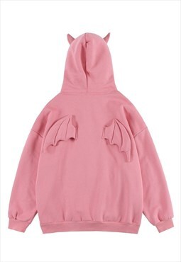 Devil horn hoodie evil wings pullover cosplay top in pink
