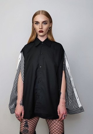 Checked utility shirt split sleeve gothic top blouse black