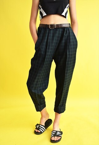 VINTAGE 80'S RETRO TAPERED GREEN TARTAN HIGH WAIST TROUSERS