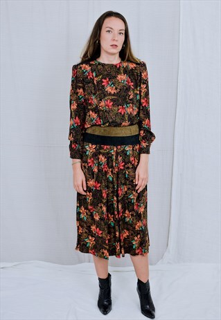 RAOUL 80'S DRESS VINTAGE LONG SLEEVE FLORA BOHEMIAN LEATHER