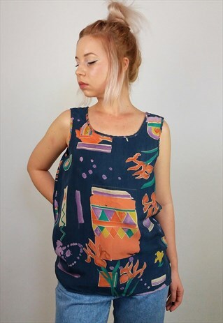 VINTAGE 90'S GRAPHIC PRINT CUPRO SILKY FESTIVAL VEST / TOP