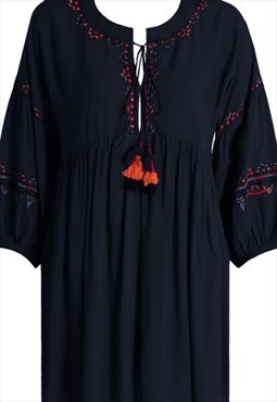 Embroidery Front Tie Up Shift Dress in Black