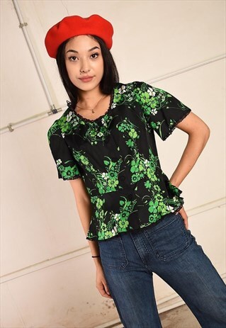 70'S RETRO FLORAL PRINT FESTIVAL PARIS CHIC BLOUSE TOP
