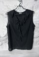 90S BLACK CHIFFON FRILL BLOUSE / TOP - L