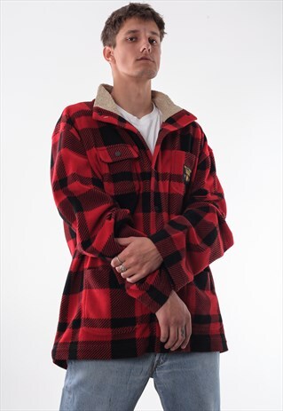 VINTAGE TOMMY HILFIGER FLANNEL OVERSHIRT COAT BLACK RED