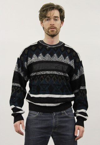 VINTAGE 1980S BLUE, GREY AND PURPLE PATTERNED JUMPER
