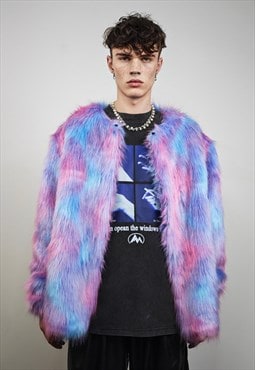 Neon faux fur jacket collarless pastel coat festival bomber