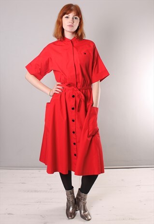 VINTAGE 70S RED HIGH NECK BUTTON SASH MIDI DRESS