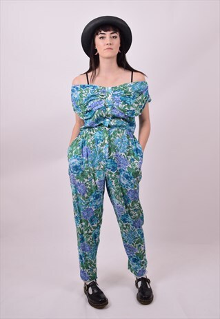 VINTAGE 80'S BLUE & GREEN FESTIVAL PLAY SUIT SIZE 10 TO 12